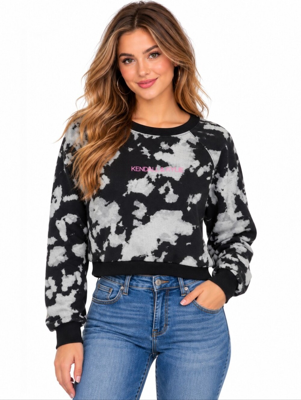 Kendall & Kylie Black & White Cropped Sweatshirt with Pink Graphics, Size Medium